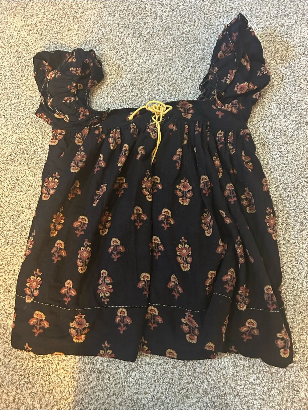 Free People Black Floral Smocked-Neck Tunic with Yellow Drawstring